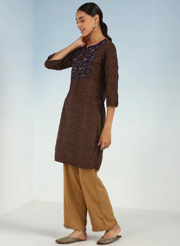 Purple Round Neck Straight Fit kurtI with Patch Work