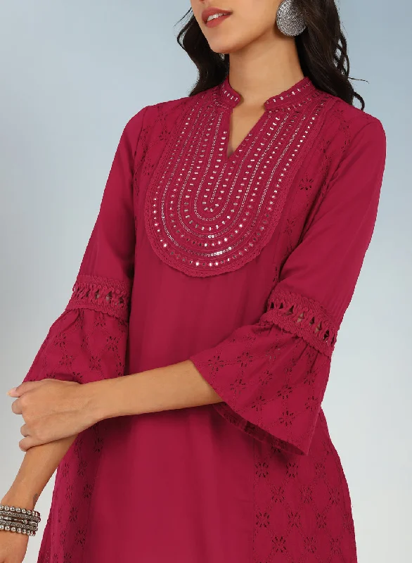 Rose Short Tunic with Mirror Work and Bell Sleeves