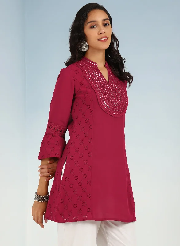 Rose Short Tunic with Mirror Work and Bell Sleeves