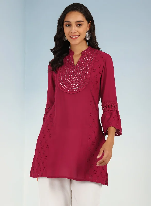 Rose Short Tunic with Mirror Work and Bell Sleeves