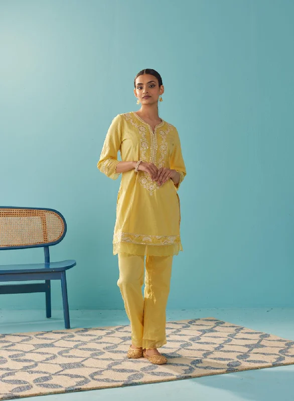 Round Neck Embroidered Yellow Kurta Set