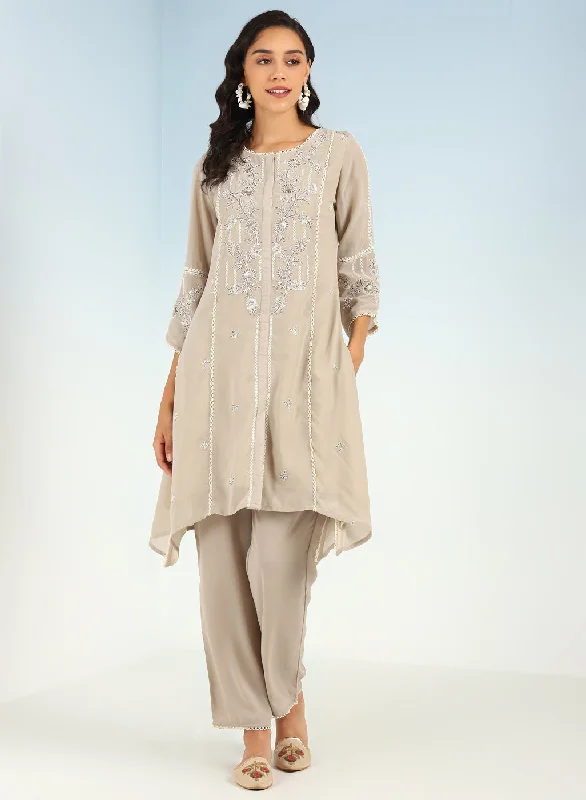 Sand Sequined Kurta Set with Flared Asymmetric Hem