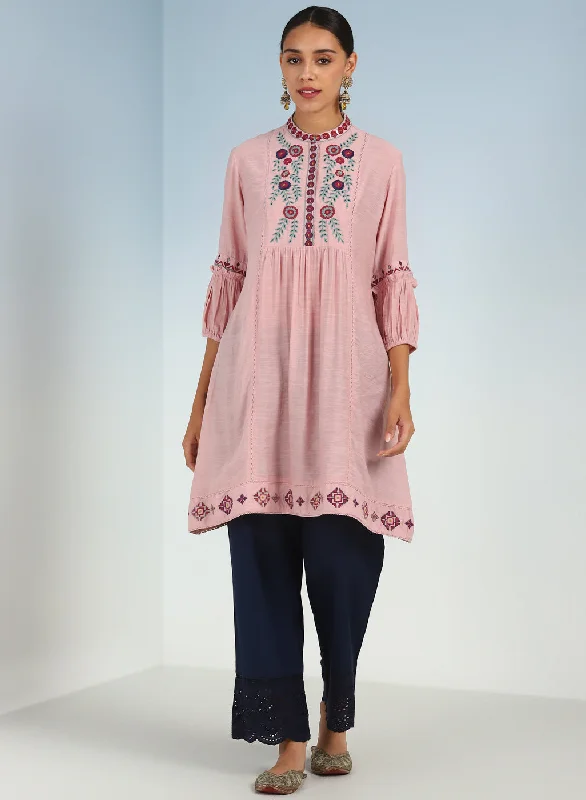 Solid Pink Tunic with Stylish Gathered Sleeve