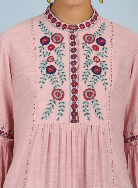 Solid Pink Tunic with Stylish Gathered Sleeve