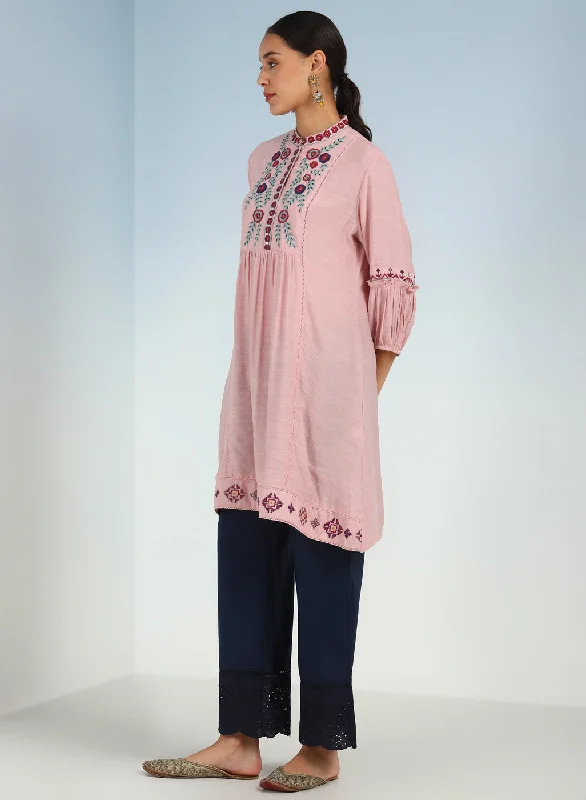 Solid Pink Tunic with Stylish Gathered Sleeve