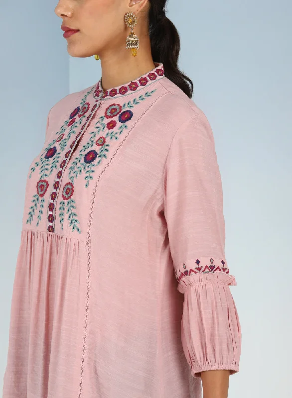 Solid Pink Tunic with Stylish Gathered Sleeve