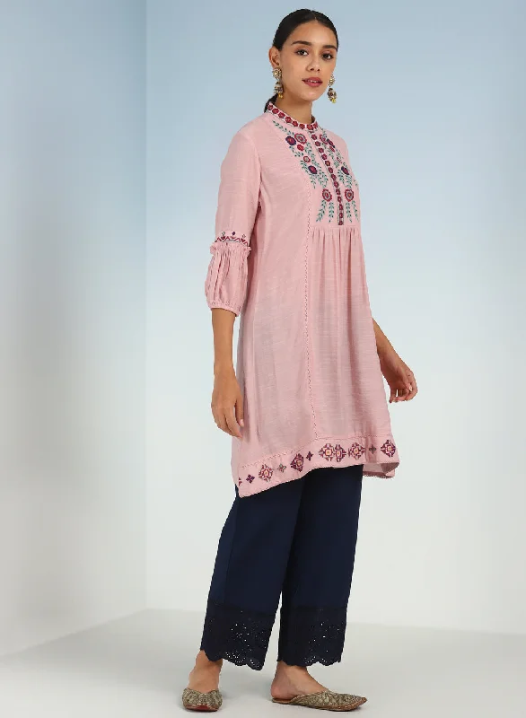 Solid Pink Tunic with Stylish Gathered Sleeve