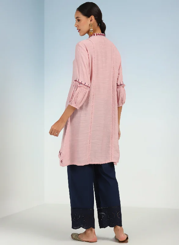 Solid Pink Tunic with Stylish Gathered Sleeve