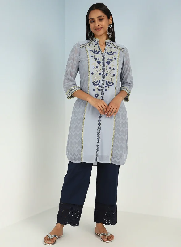 Spa Blue Embroidery Knee Length Kurti