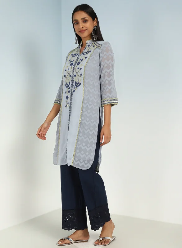 Spa Blue Embroidery Knee Length Kurti