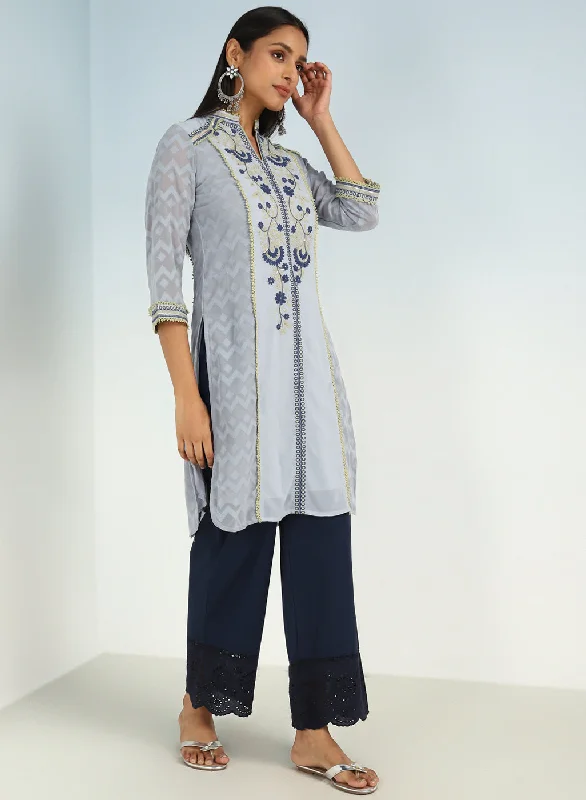 Spa Blue Embroidery Knee Length Kurti