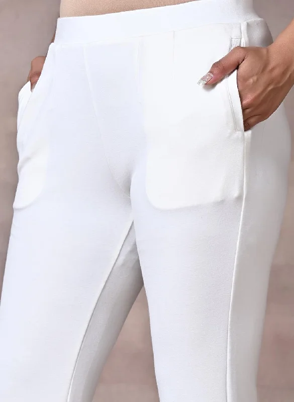 White Fitted Trouser Pants With Straight Hem