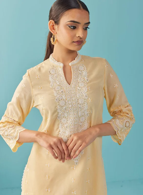 Lemon Yellow Knee Length Kurti with Embroidered Sleeve