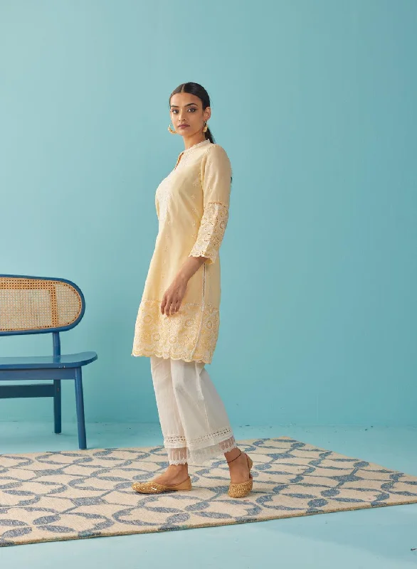 Lemon Yellow Knee Length Kurti with Embroidered Sleeve