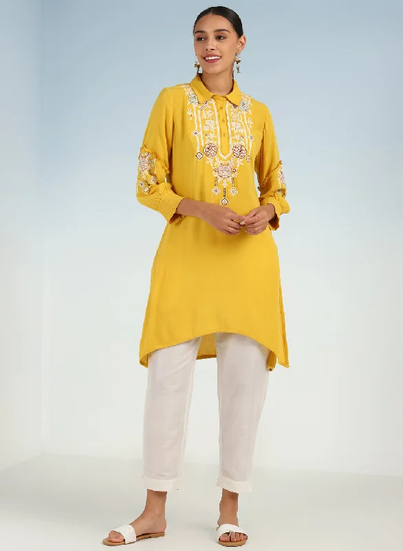 Yellow Kurti with Embroidery and Gathered Cuff