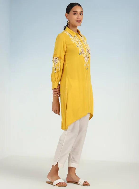 Yellow Kurti with Embroidery and Gathered Cuff