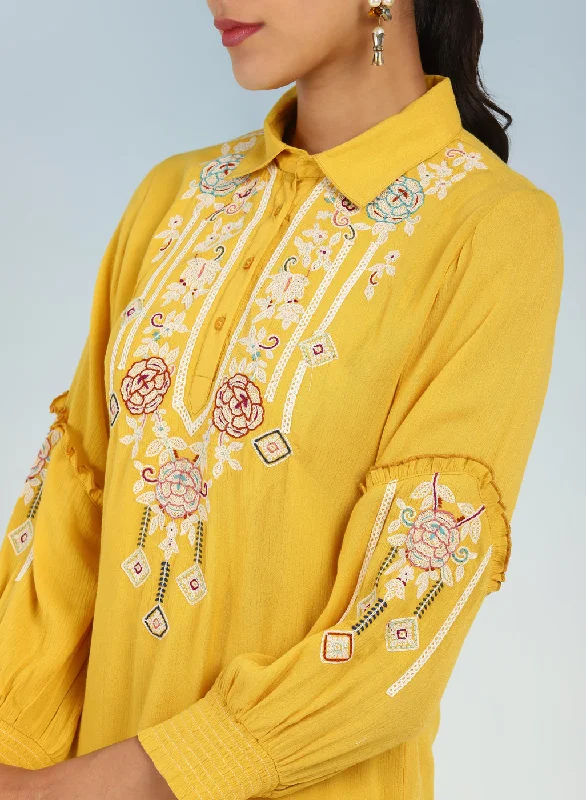 Yellow Kurti with Embroidery and Gathered Cuff