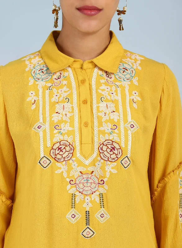 Yellow Kurti with Embroidery and Gathered Cuff