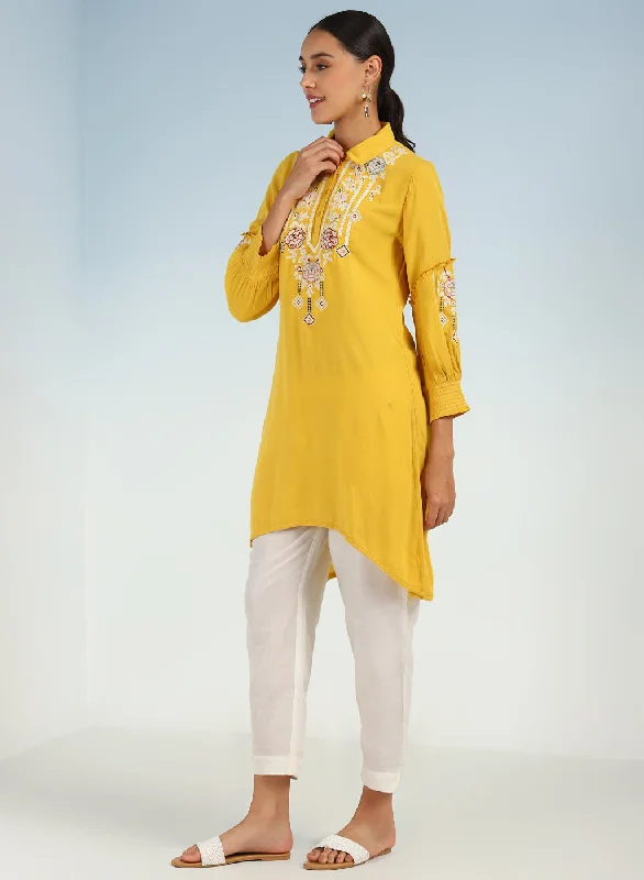 Yellow Kurti with Embroidery and Gathered Cuff