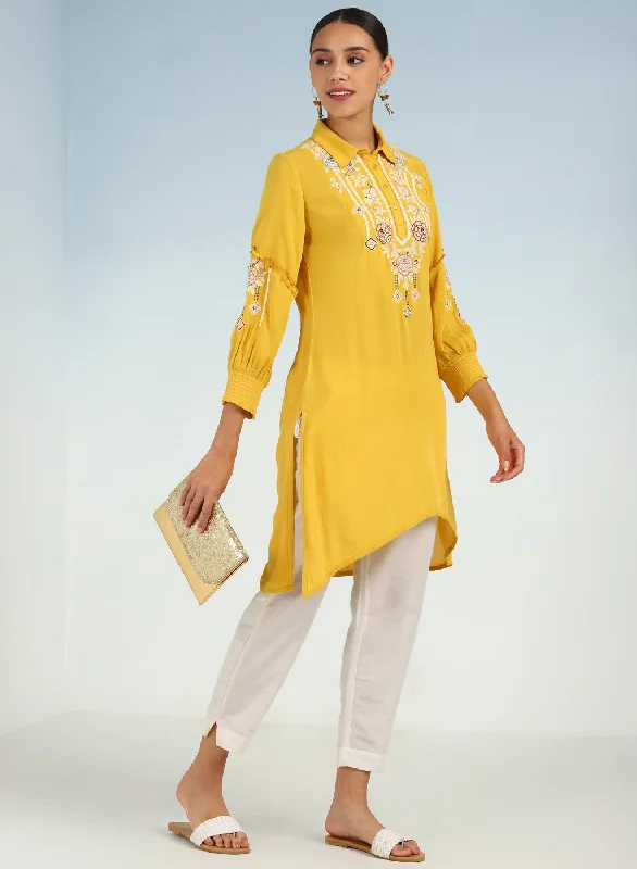 Yellow Kurti with Embroidery and Gathered Cuff