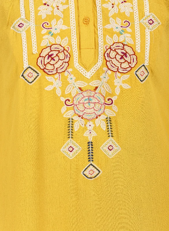 Yellow Kurti with Embroidery and Gathered Cuff