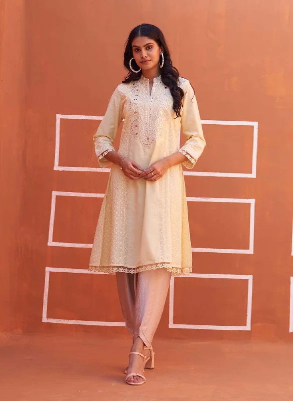 Lemon Yellow Mirror Work Schiffli Kurta