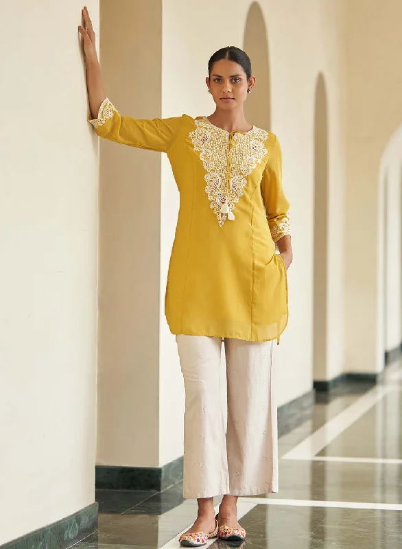 Yellow Tunic with Dori Neck and Round Hem