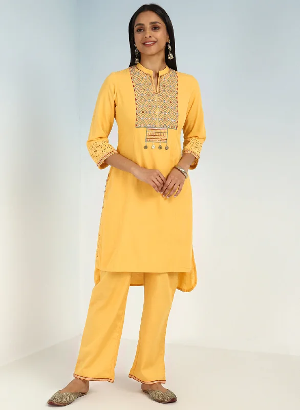 Yellow V-Neck Kurta with Multi Coloured Embroidery and 3/4th Sleeves