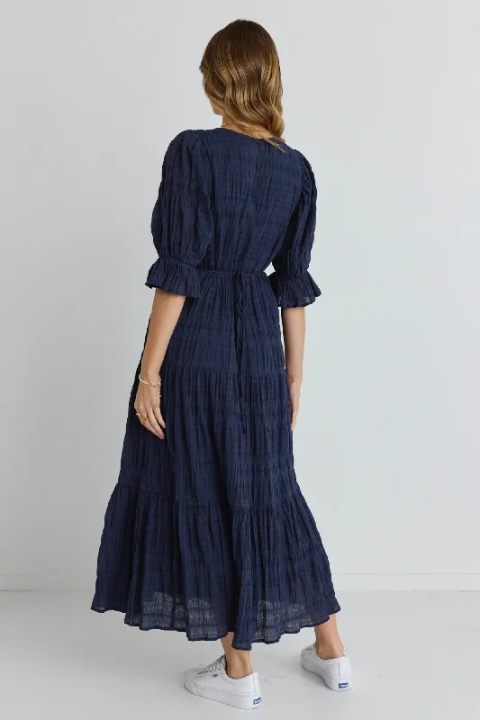 Gratitude Navy Bubble SS Tiered Maxi Dress