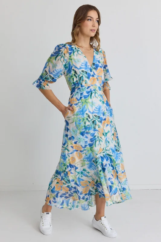 Magnolia Blue Orange Tropical SS Midi Wrap Dress