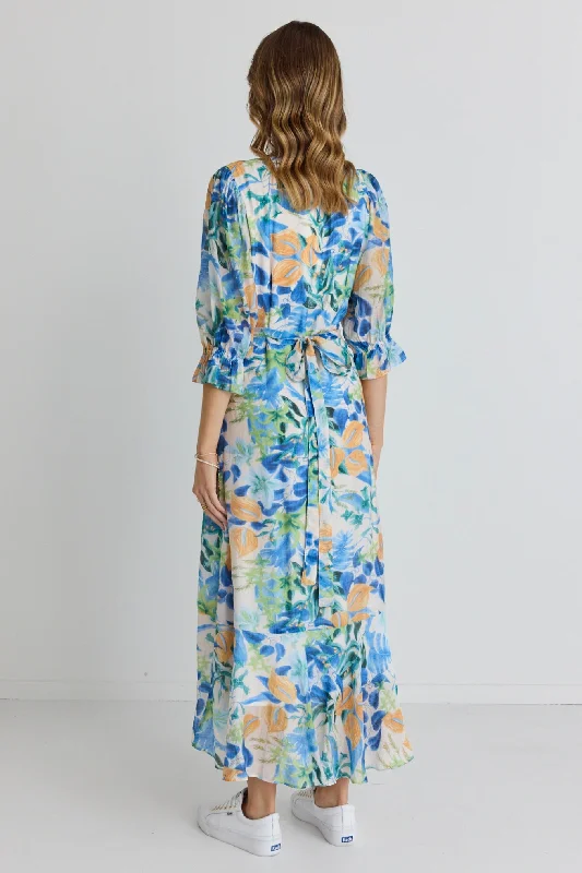 Magnolia Blue Orange Tropical SS Midi Wrap Dress