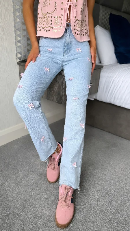 Finola Light Blue With Pink Bows Straight Leg Jeans