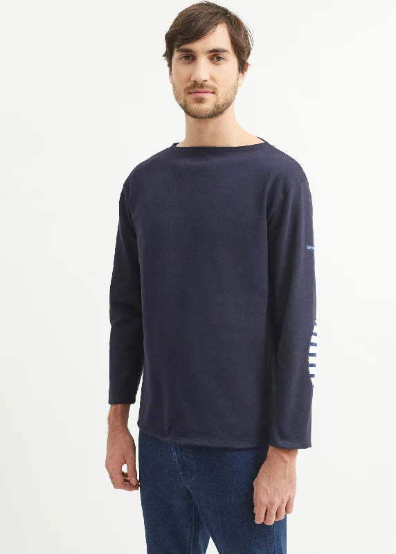 Guildo boat neck sailor shirt - striped elbow patches, in thick cotton (NAVY)