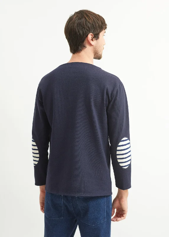 Guildo boat neck sailor shirt - striped elbow patches, in thick cotton (NAVY)