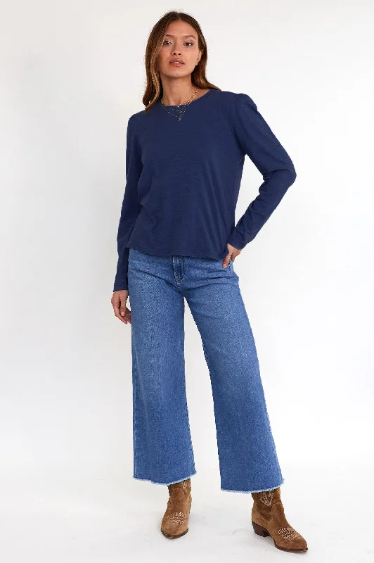 Long Sleeve Puff Shoulder T-Shirt | Navy