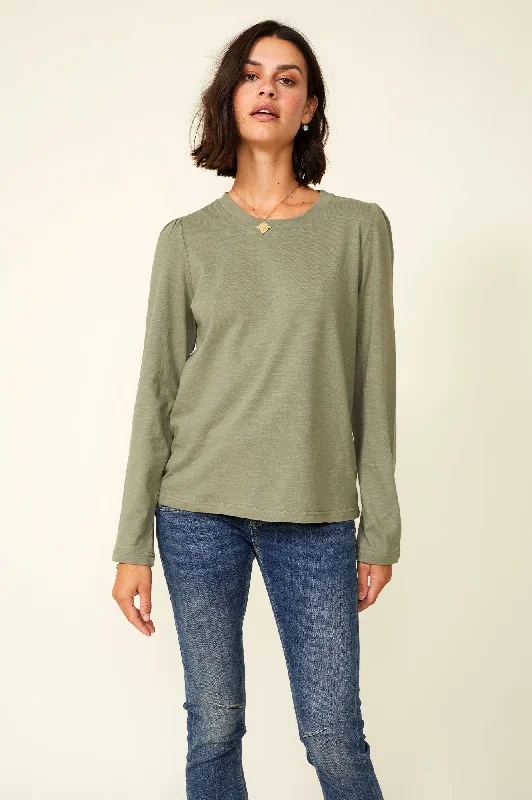 Long Sleeve Puff Shoulder T-Shirt | Khaki