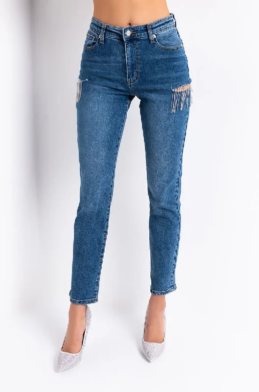 CAMILA HIGH WAISTED RHINESTONE SLIT JEANS