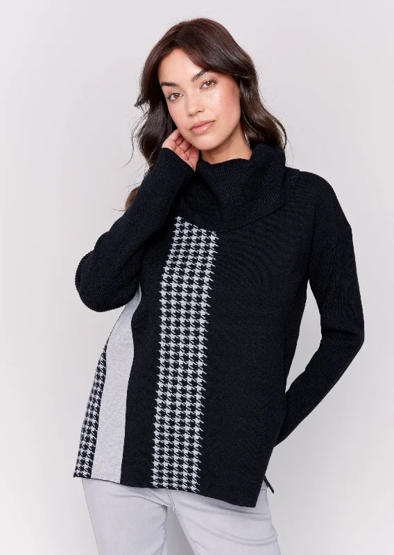 Charlie B - Houndstooth Stripe Cowl Neck Sweater