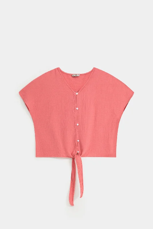 Super Cropped V-Neck Shirt With Knotted Hem