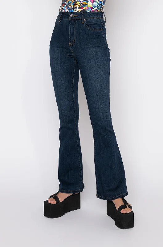 LENA SUPER HIGH RISE FLARE DENIM PANTS DARK BLUE DENIM