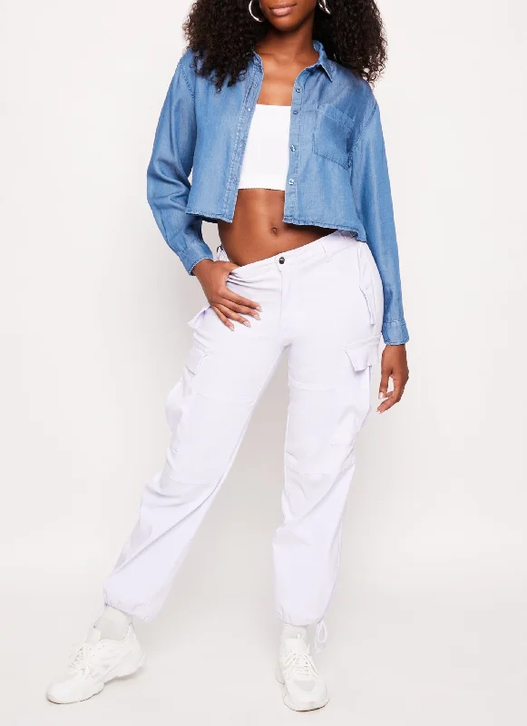 Chambray Button Front Cropped Shirt