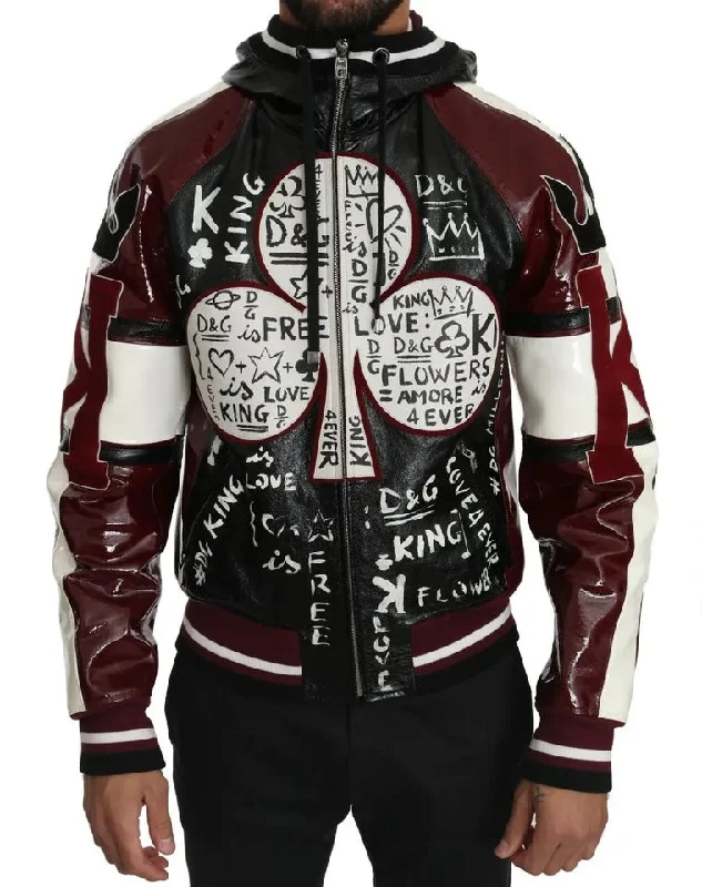 Dolce & Gabbana Black Bordeaux Hooded Leather DG King of Love Jacket