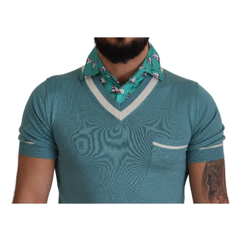 Dolce & Gabbana Elegant Silk Polo Tee with Boat Collar Print